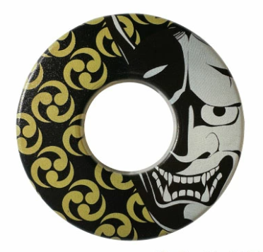 Black kendo tsuba with green dragonfly design, decorative and reversible